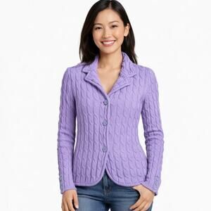 Talbots 100% Merino Wool Cable Knit Purple Collar Button-Up Cardigan SIZE LG